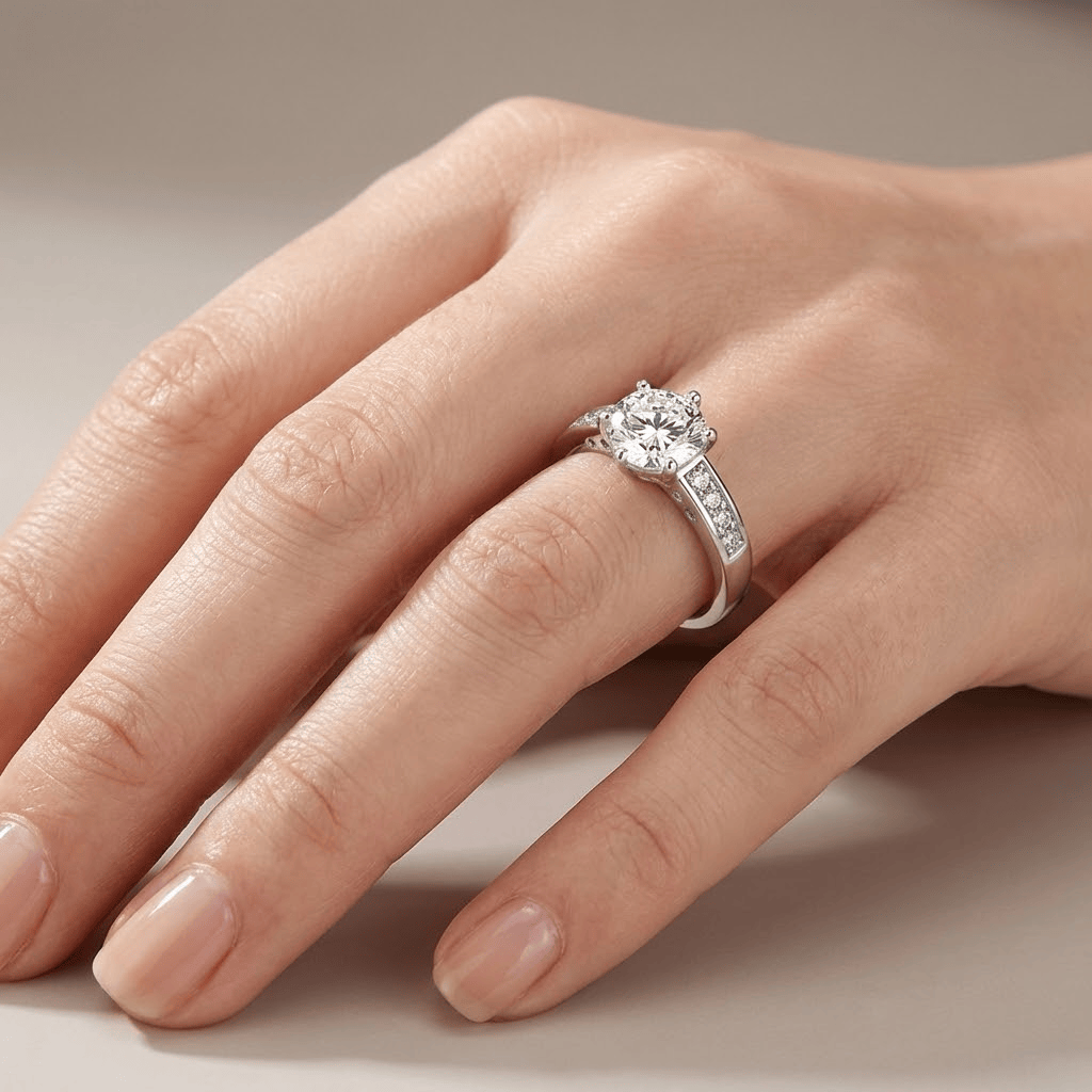 Stříbrný klasický prsten s kulatými diamanty