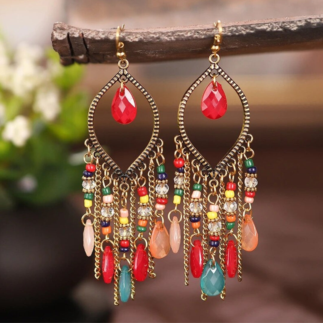 Visací boho náušnice Mandala s červenými zirkony