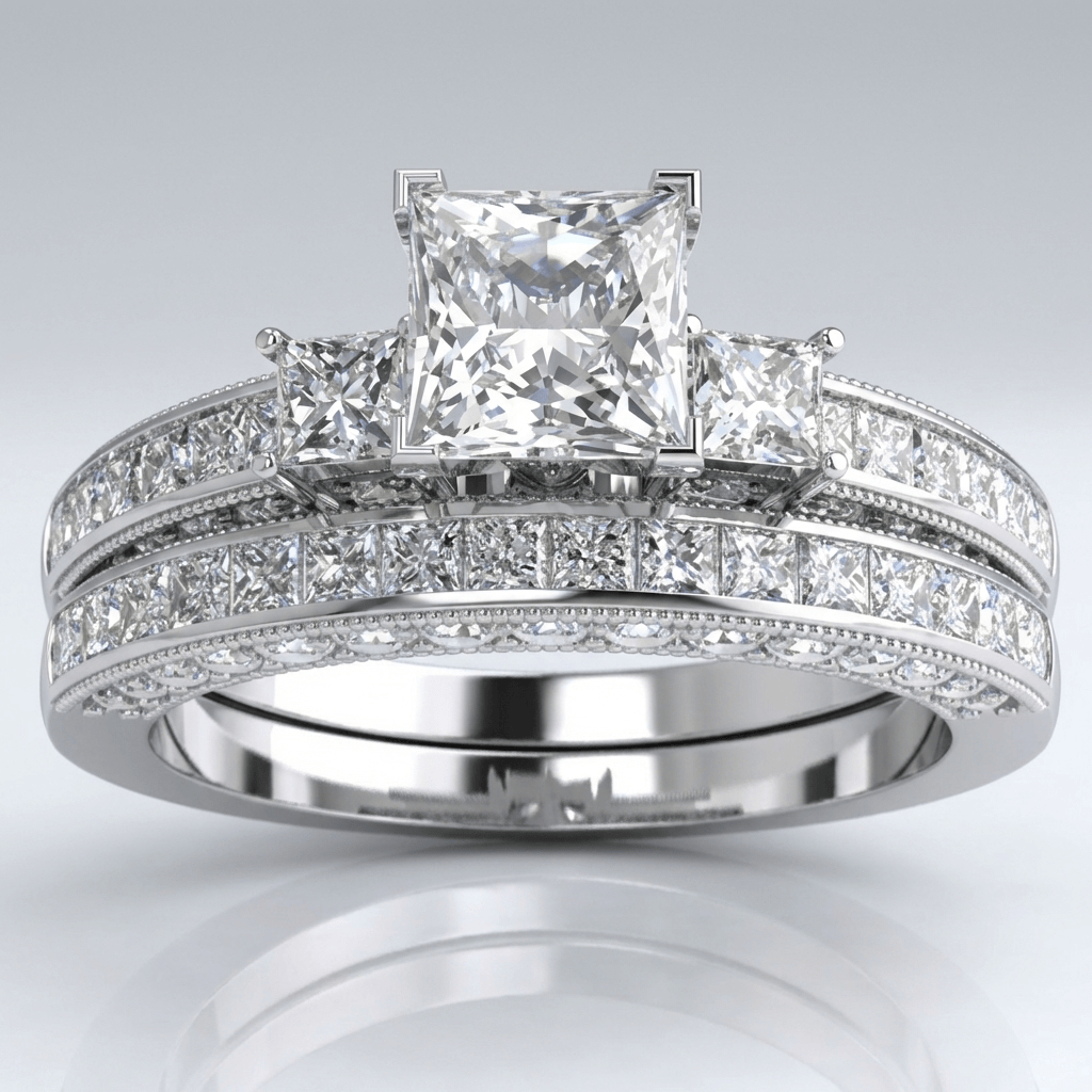 Stříbrný hranatý prsten s diamanty pavé