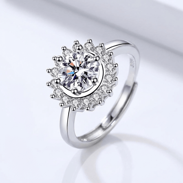 Stříbrný prsten s kulatými diamanty ve tvaru slunečních paprsků - (nastavitelný)