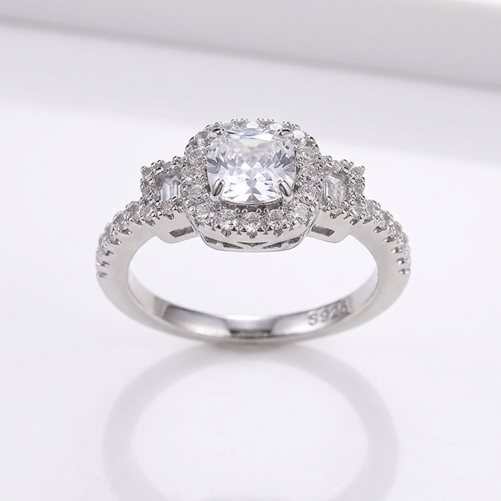 Stříbrný prsten s diamantem cushion a halo lemováním