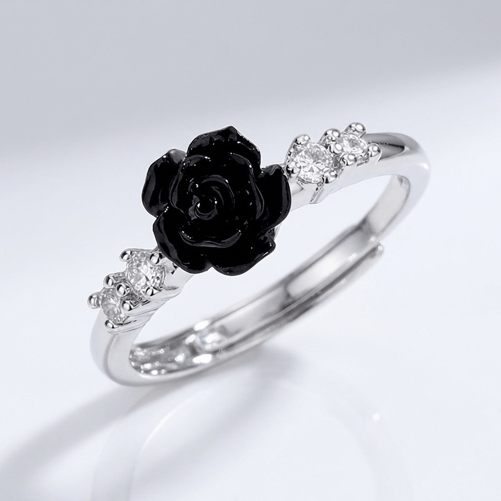 Stříbrný prsten s růží a diamanty - (nastavitelný)