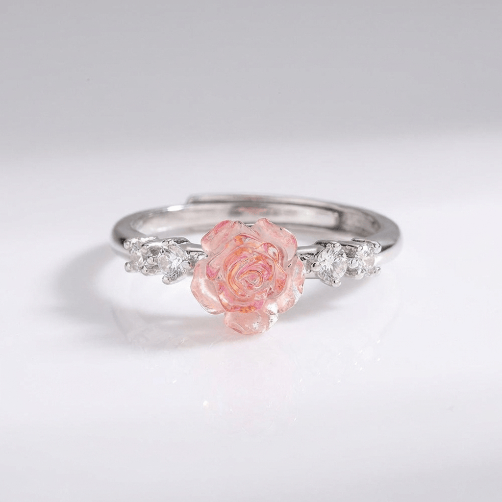 Stříbrný prsten s růží a diamanty - (nastavitelný)