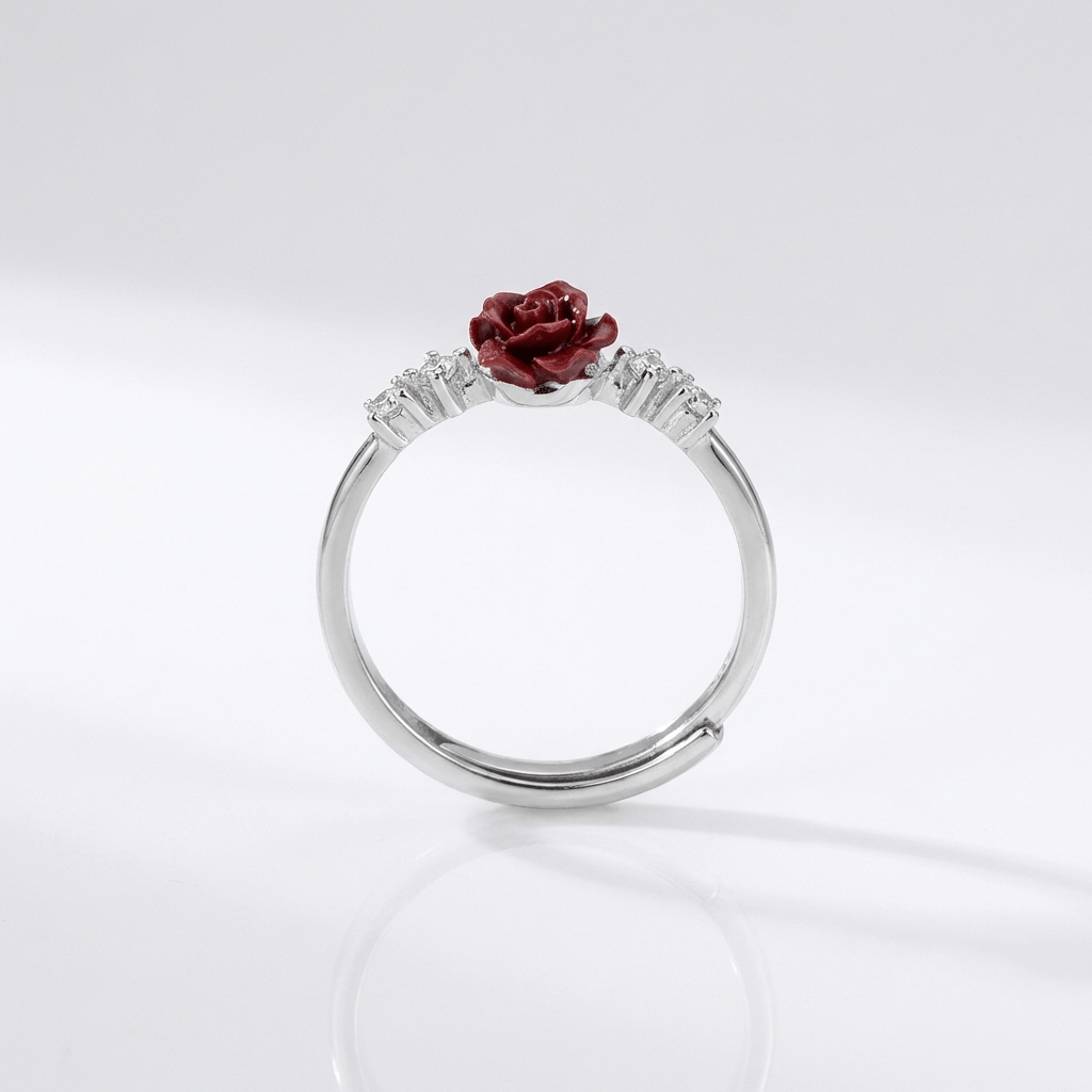 Stříbrný prsten s růží a diamanty - (nastavitelný)