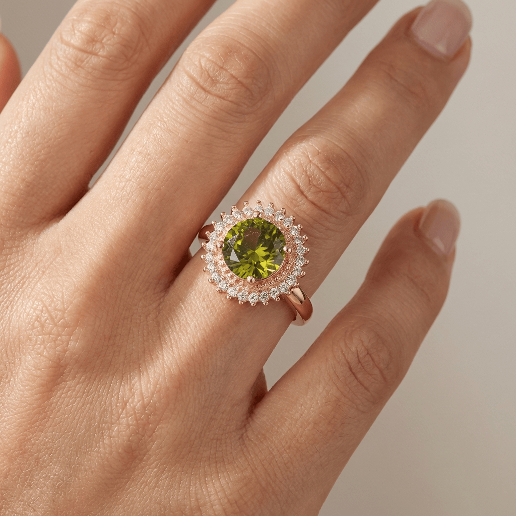 Zlatý prsten s peridotem a diamantovým halo