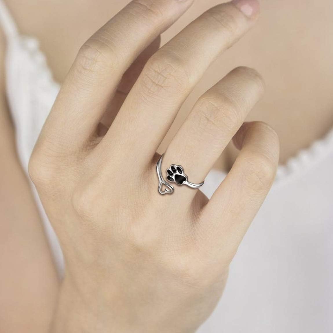 Ručně vyráběný prsten tlapka a srdce – nastavitelný, stříbro 925