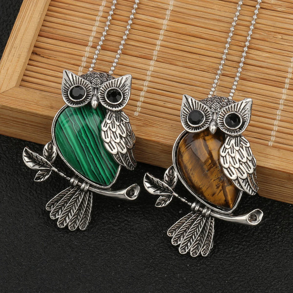 Náhrdelník s přívěskem Moudrá sova a krystaly