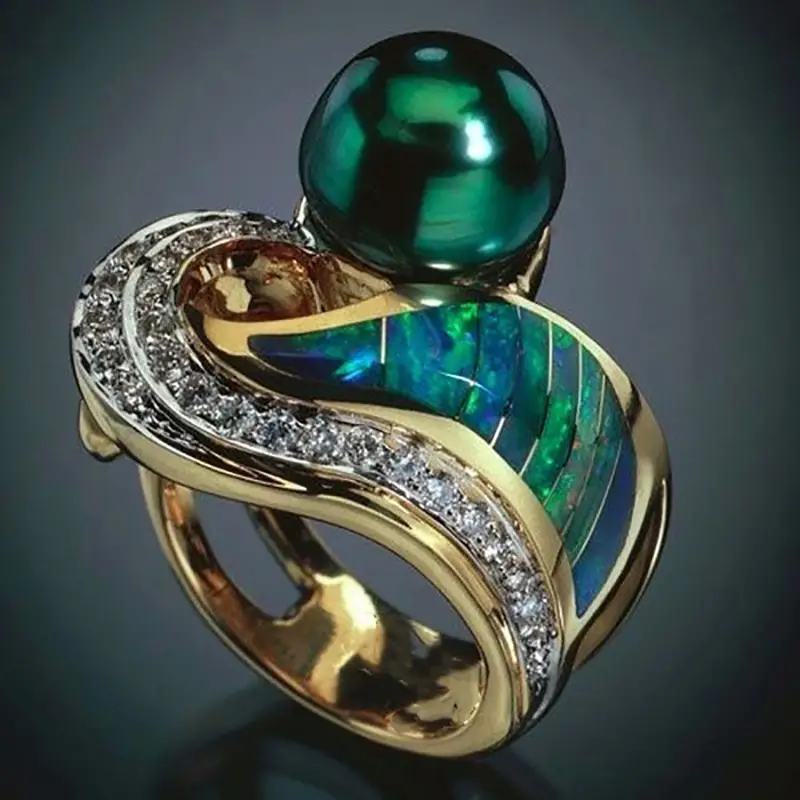 Vintage prsten se zeleným kamenem, perlou a zirkony