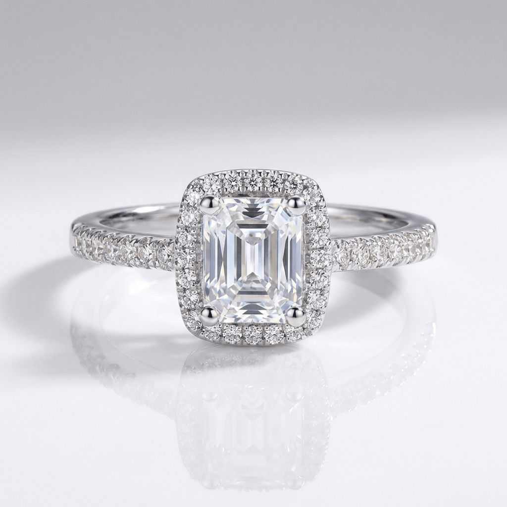 Prsten halo se zirkonem smaragdový brus, stříbrný