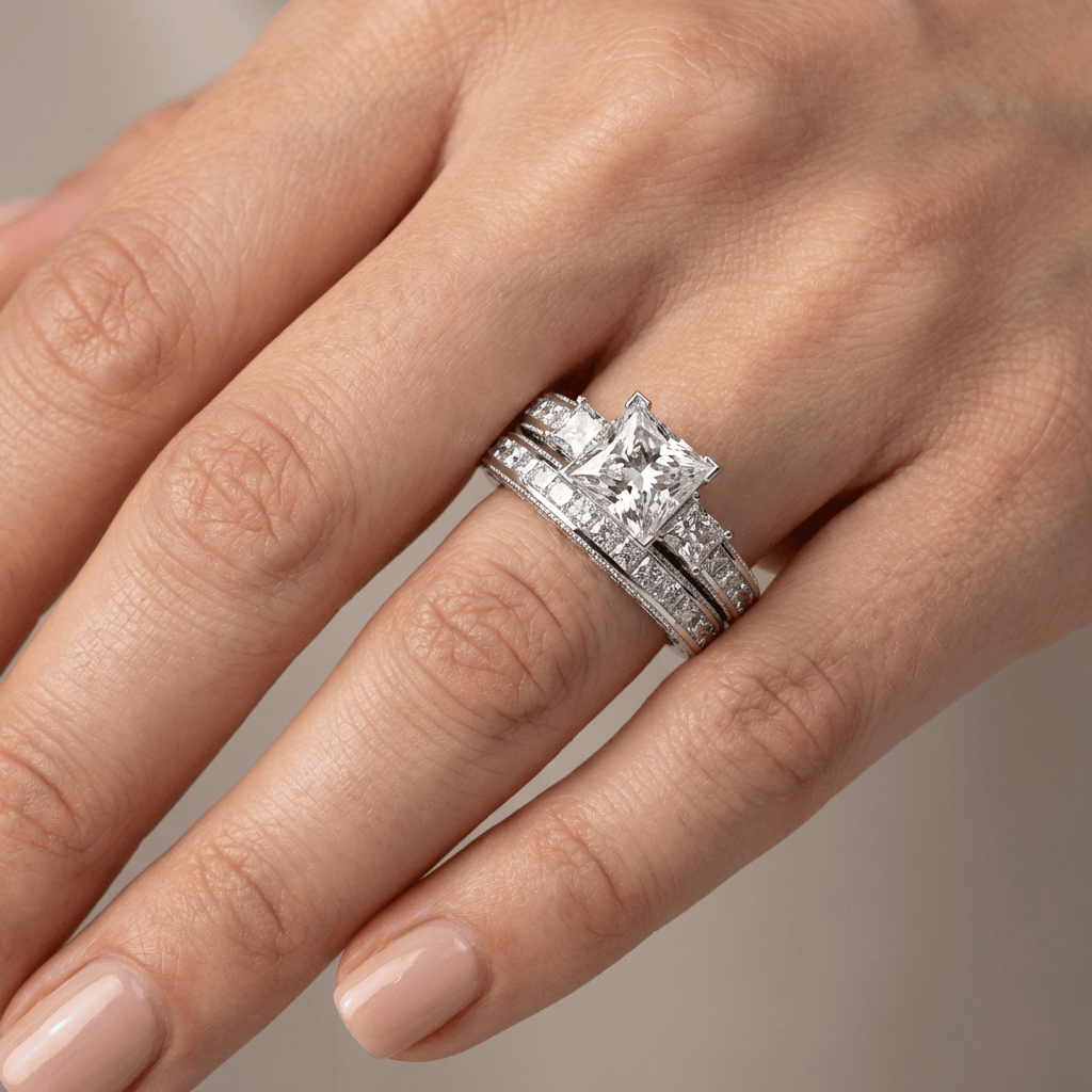Stříbrný hranatý prsten s diamanty pavé