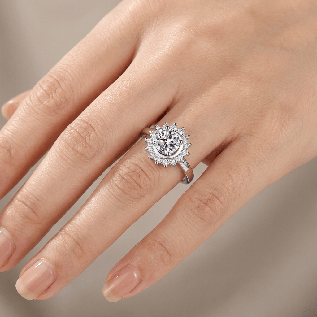 Stříbrný prsten s kulatými diamanty ve tvaru slunečních paprsků - (nastavitelný)