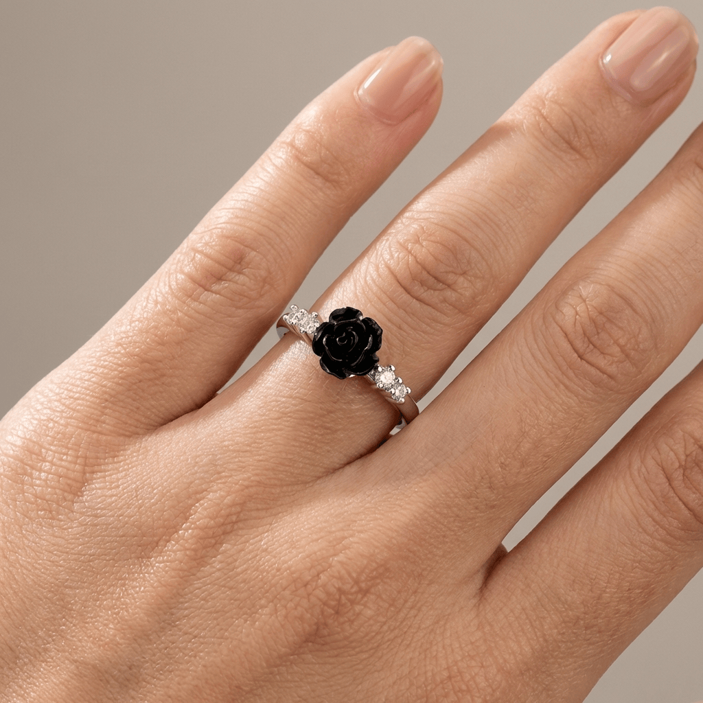 Stříbrný prsten s růží a diamanty - (nastavitelný)