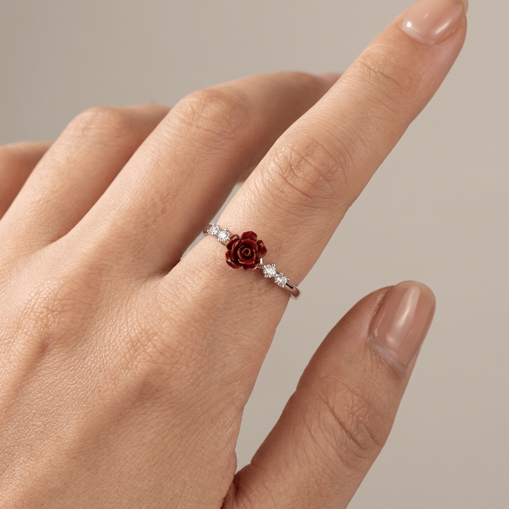 Stříbrný prsten s růží a diamanty - (nastavitelný)