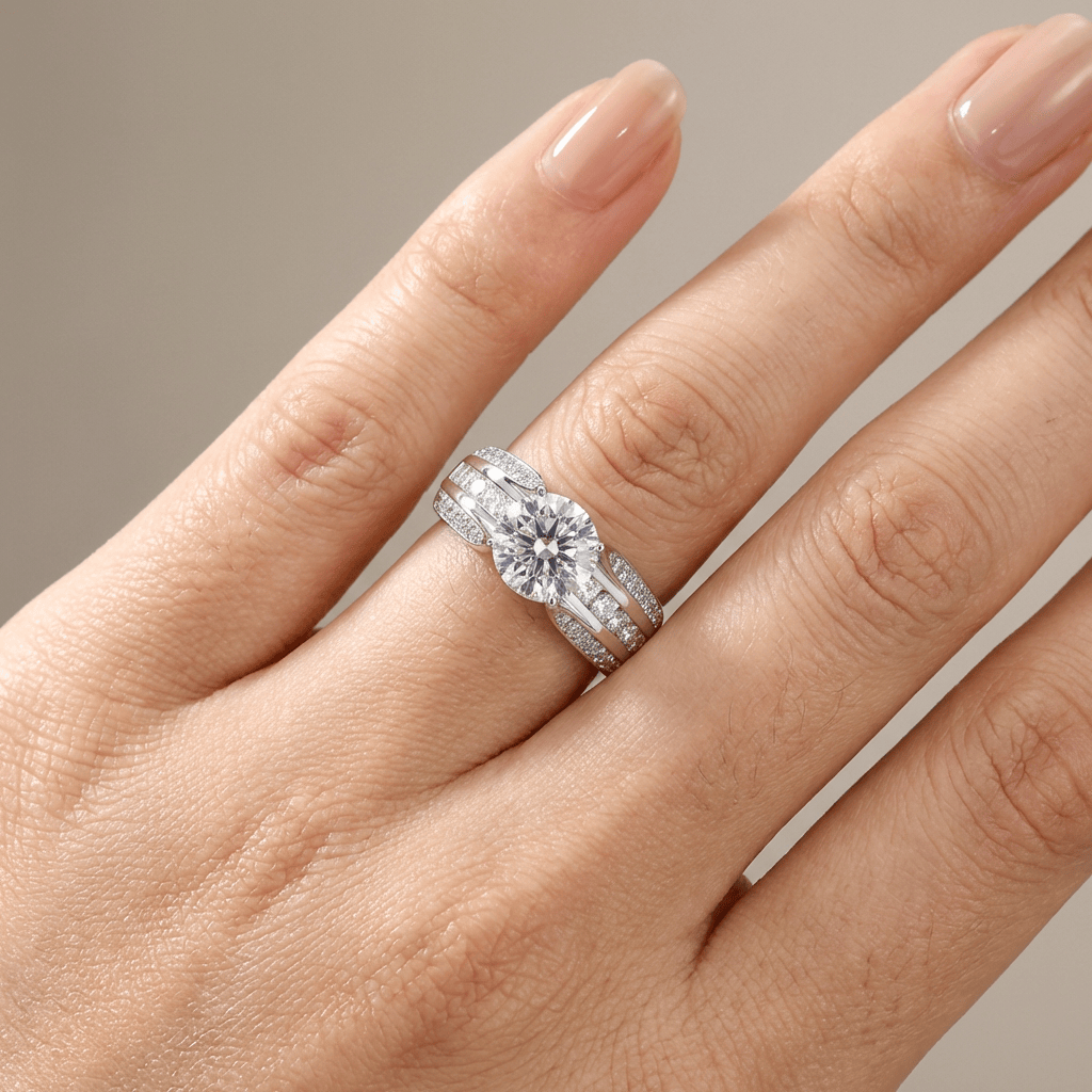 Stříbrný prsten s kulatými diamanty pavé