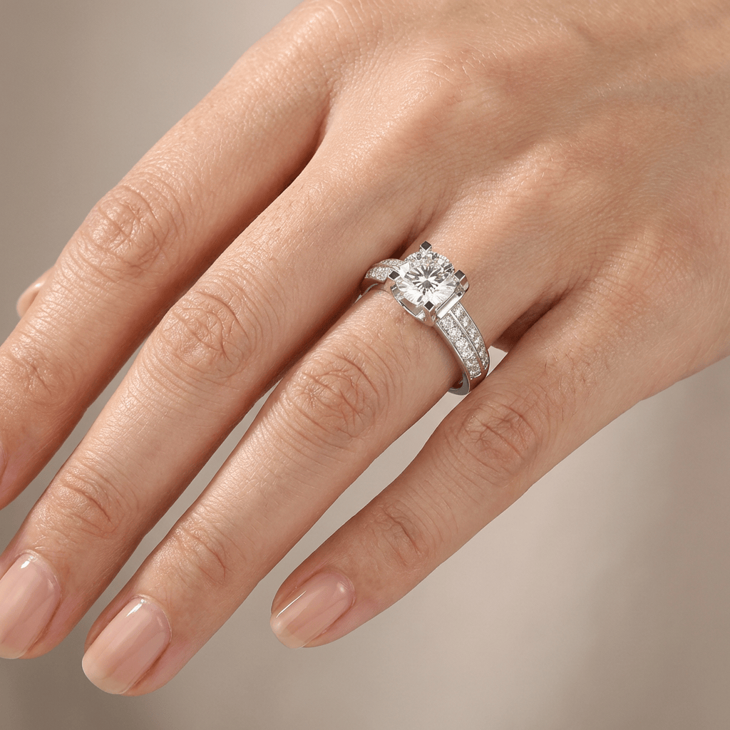 Stříbrný solitérní prsten s kulatými diamanty pavé - (nastavitelný)