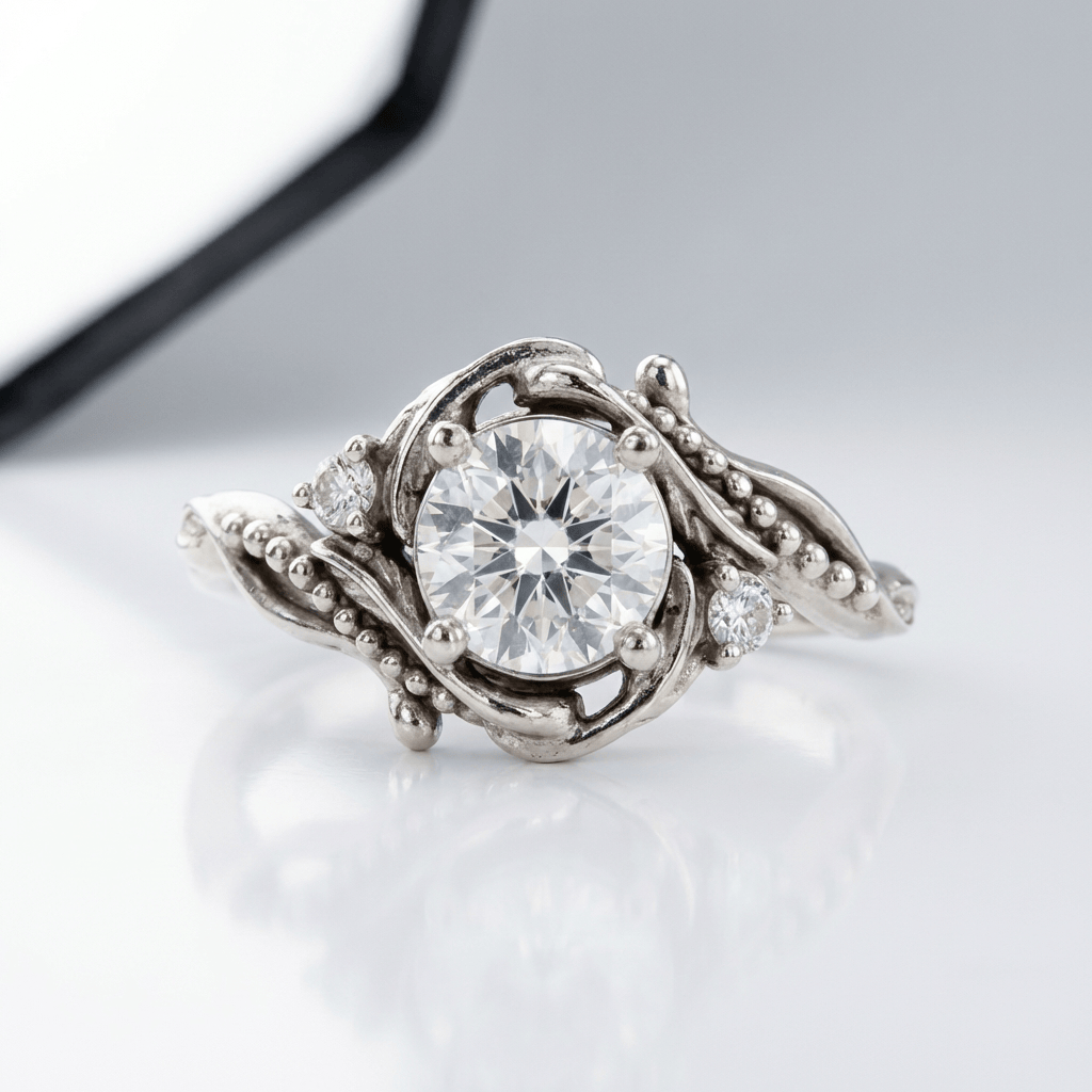 Stříbrný zdobený vintage prsten s diamanty