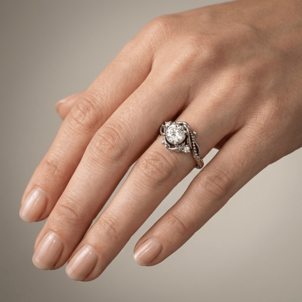 Stříbrný zdobený vintage prsten s diamanty